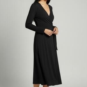 Black Label by Evan Picone Faux Wrap Dress Size 10 Black Slinky knit 3/4 sleeve
